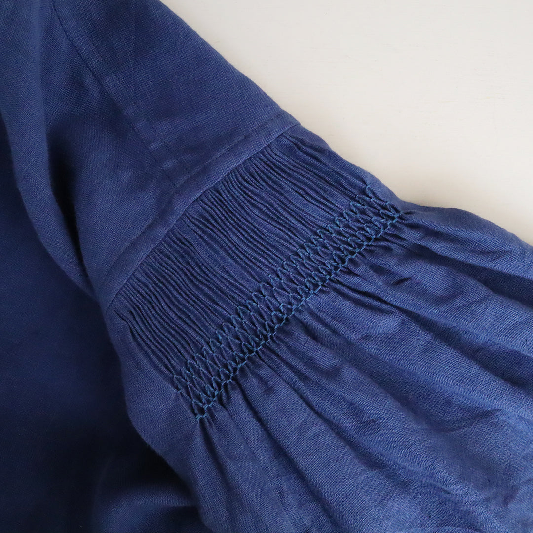 少し色味の異なるブルーの刺繍糸でスモッキング