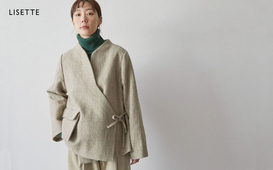 リネンウールの中綿入りカシュクールジャケット