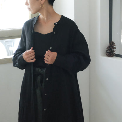 ［SALUÉ］バンドカラー長袖シャツドレス／ミッドウェイトリネン