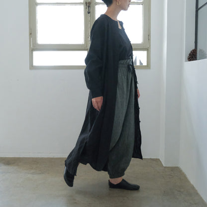［SALUÉ］バンドカラー長袖シャツドレス／ミッドウェイトリネン