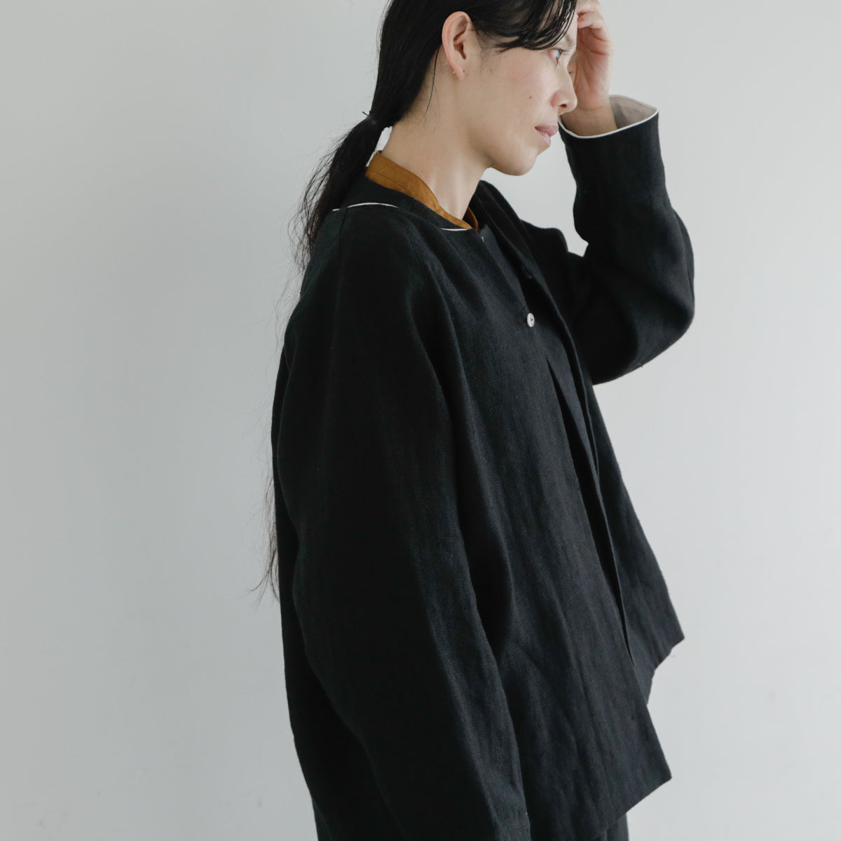 SALUÉ／【受注商品】ノーカラージャケット／ヘリンボーンリネン