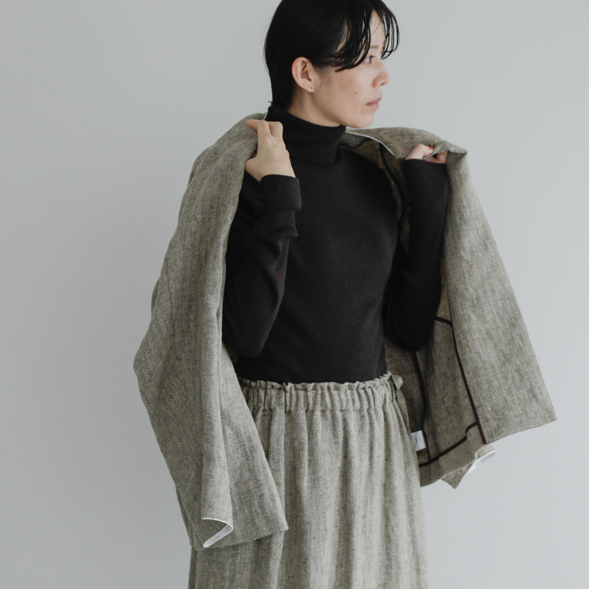 SALUÉ／【受注商品】ノーカラージャケット／ヘリンボーンリネン