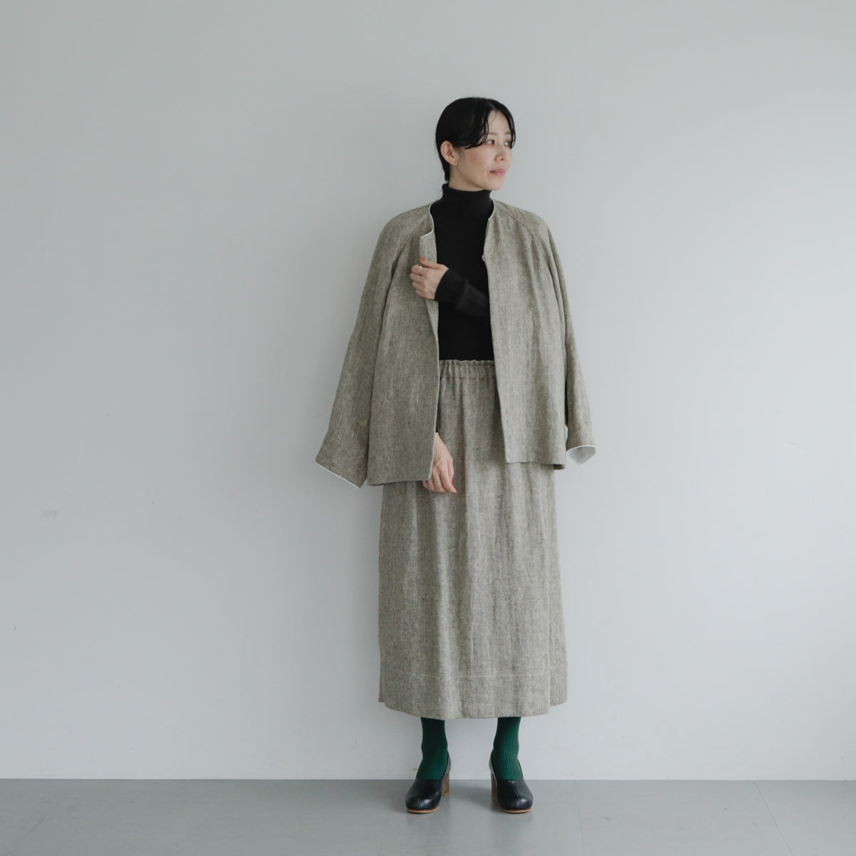 SALUÉ／【受注商品】ノーカラージャケット／ヘリンボーンリネン