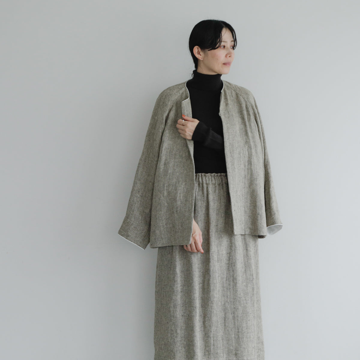 SALUÉ／【受注商品】ノーカラージャケット／ヘリンボーンリネン