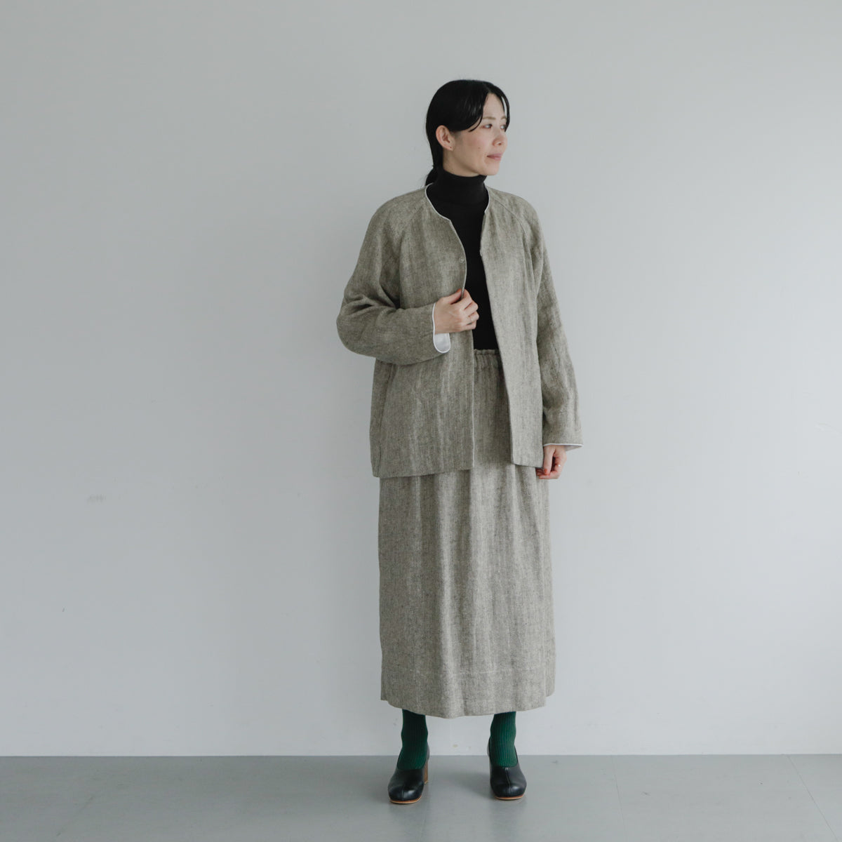 SALUÉ／【受注商品】ノーカラージャケット／ヘリンボーンリネン