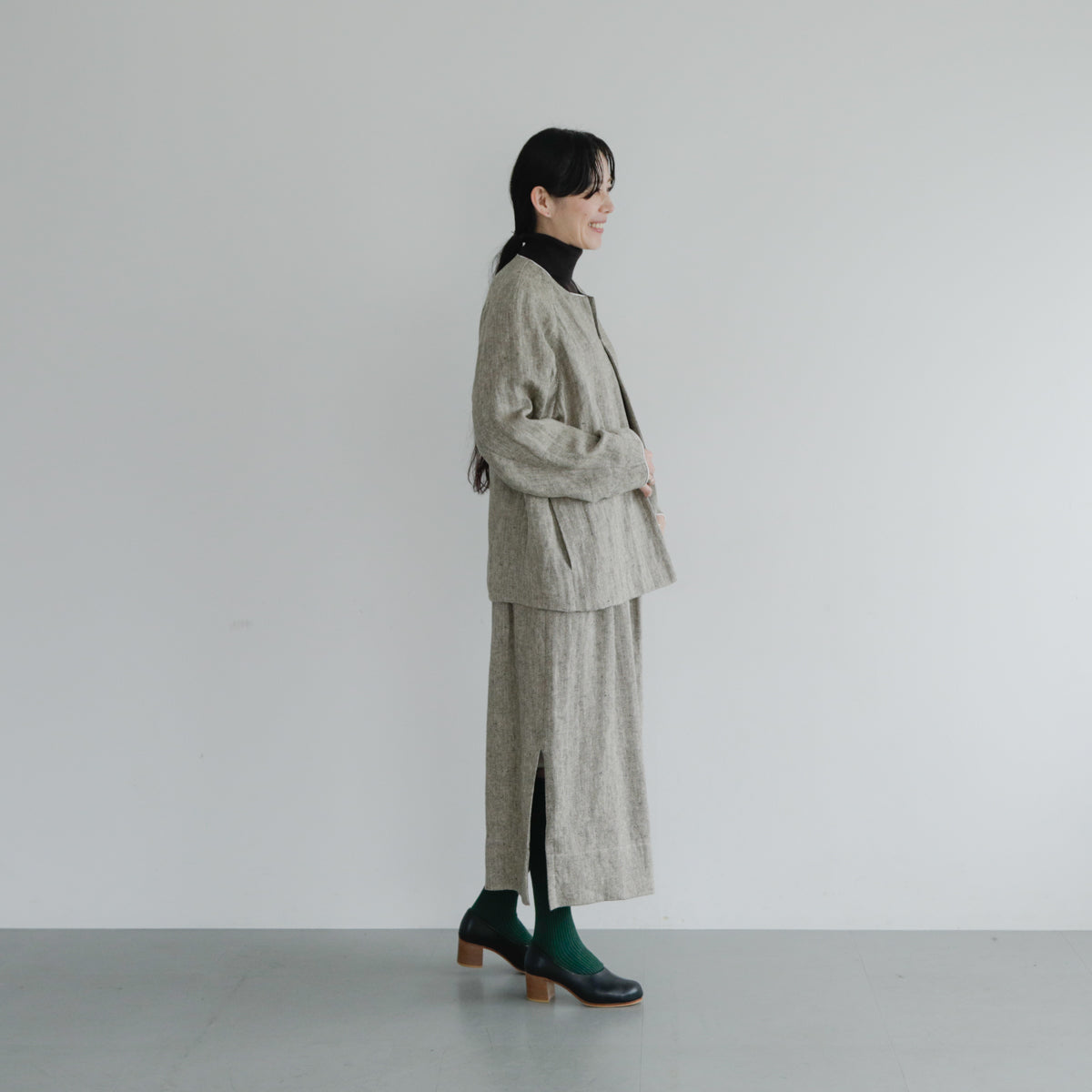 SALUÉ／【受注商品】ノーカラージャケット／ヘリンボーンリネン