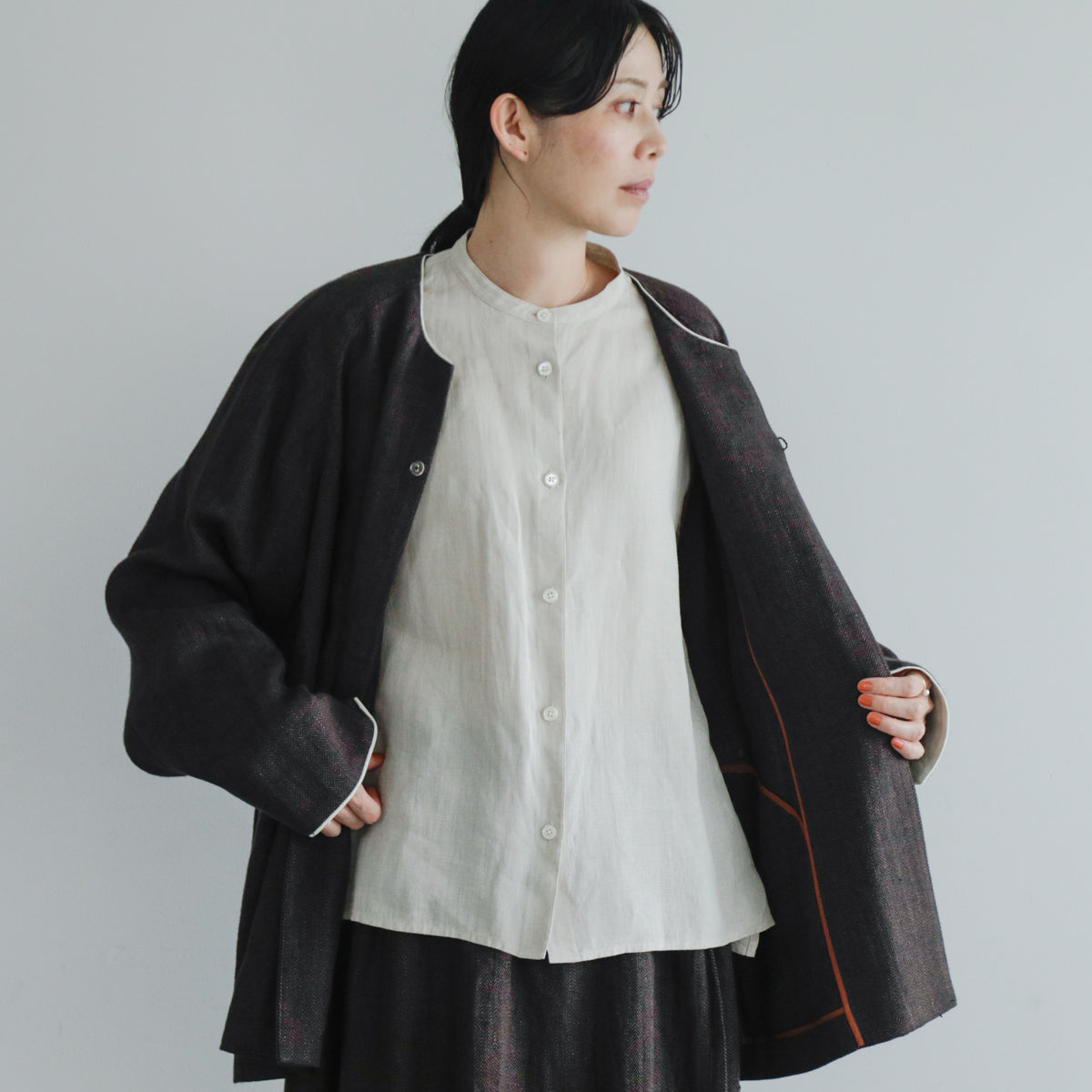 SALUÉ／【受注商品】ノーカラージャケット／ヘリンボーンリネン