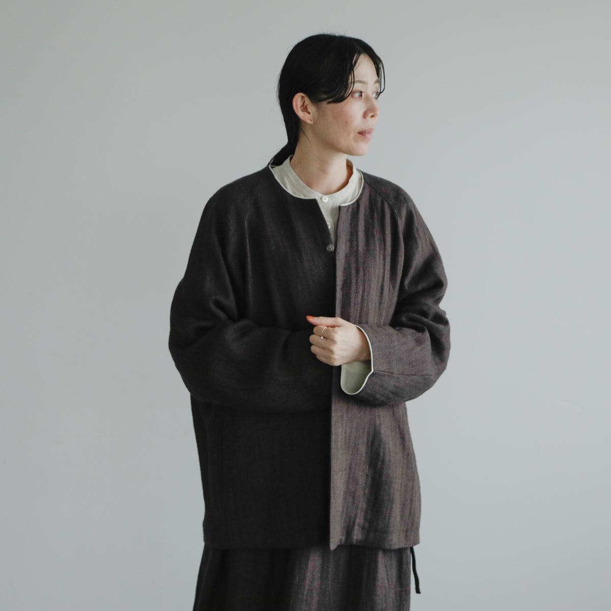SALUÉ／【受注商品】ノーカラージャケット／ヘリンボーンリネン