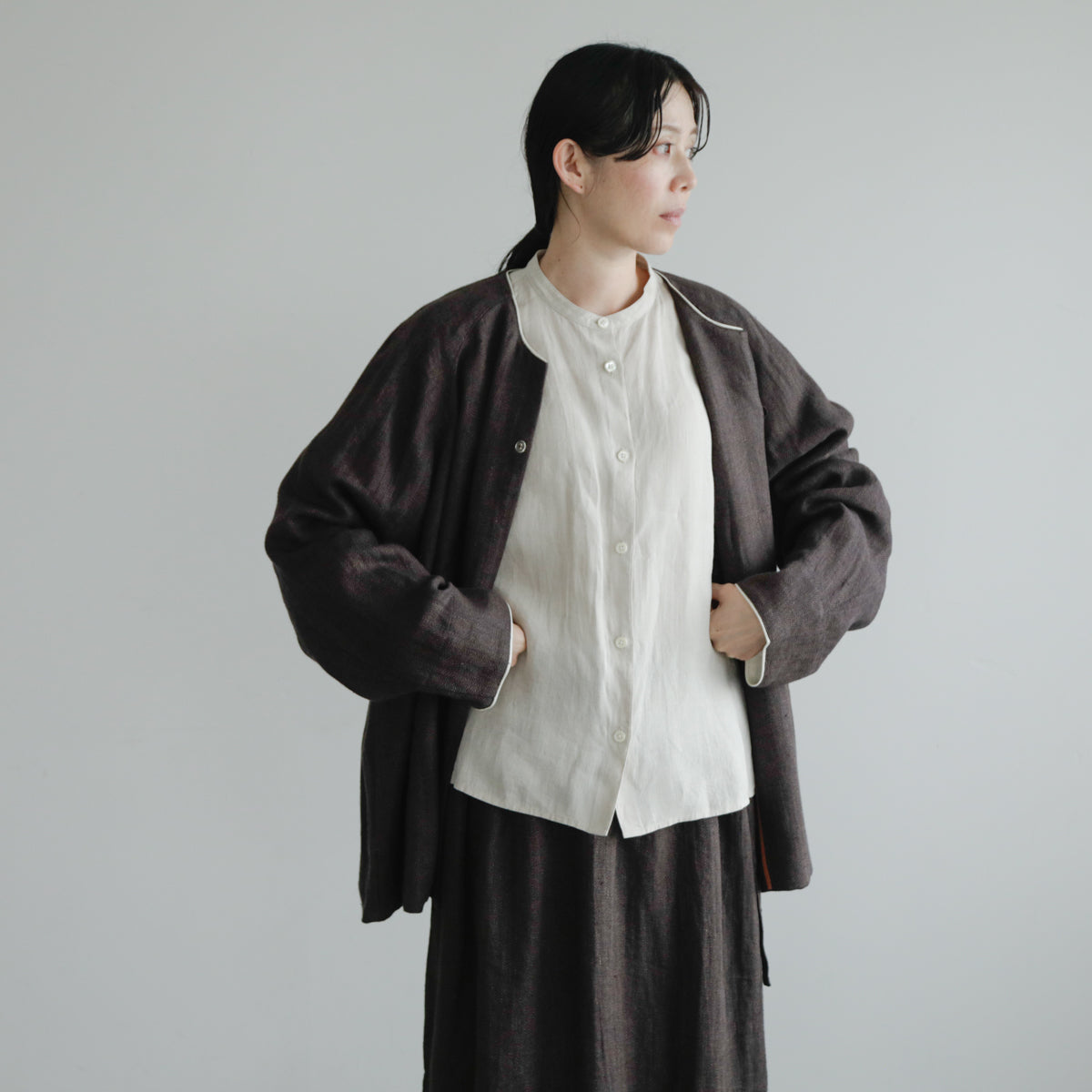 SALUÉ／【受注商品】ノーカラージャケット／ヘリンボーンリネン