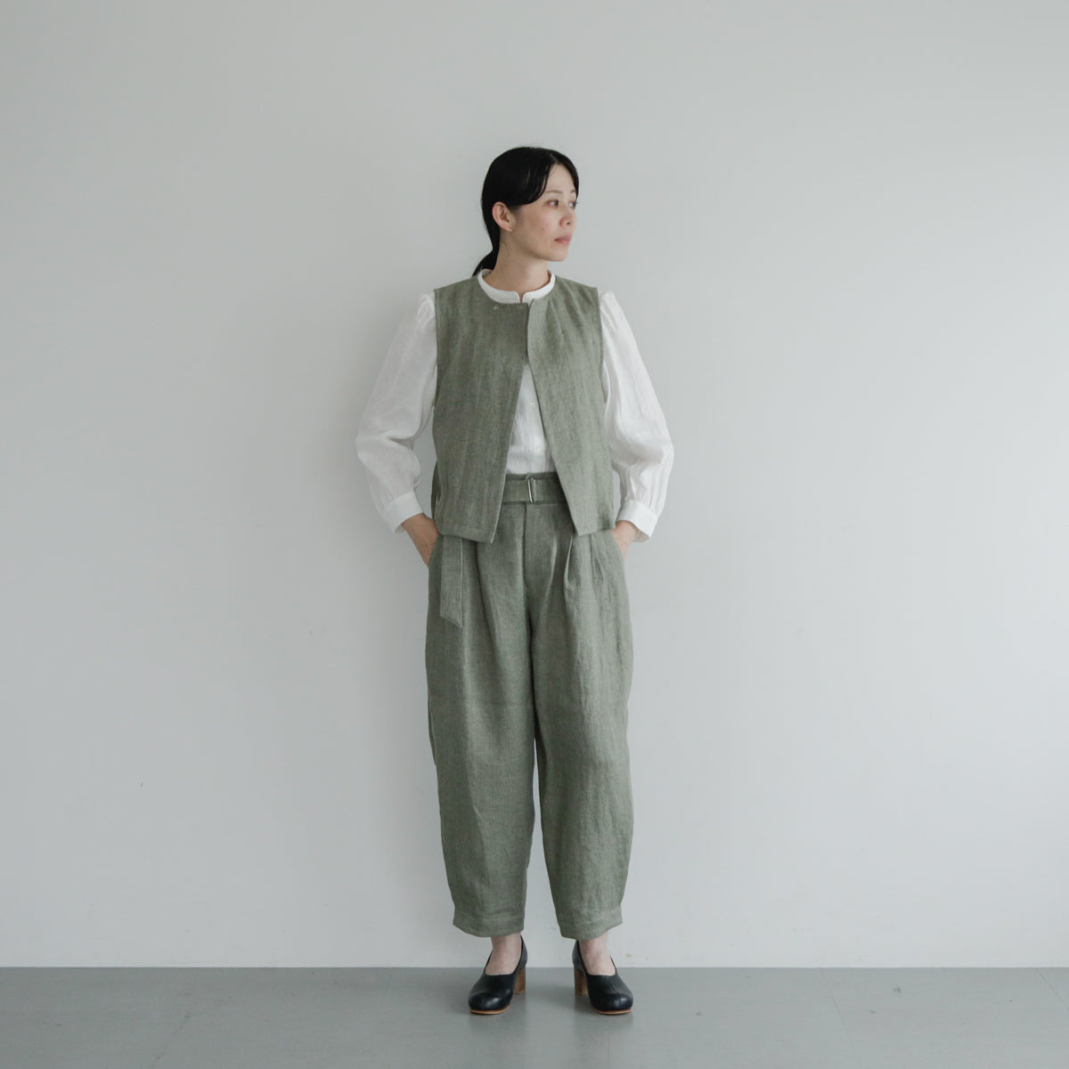 SALUÉ／ハイウエストジレ／ヘリンボーンリネン