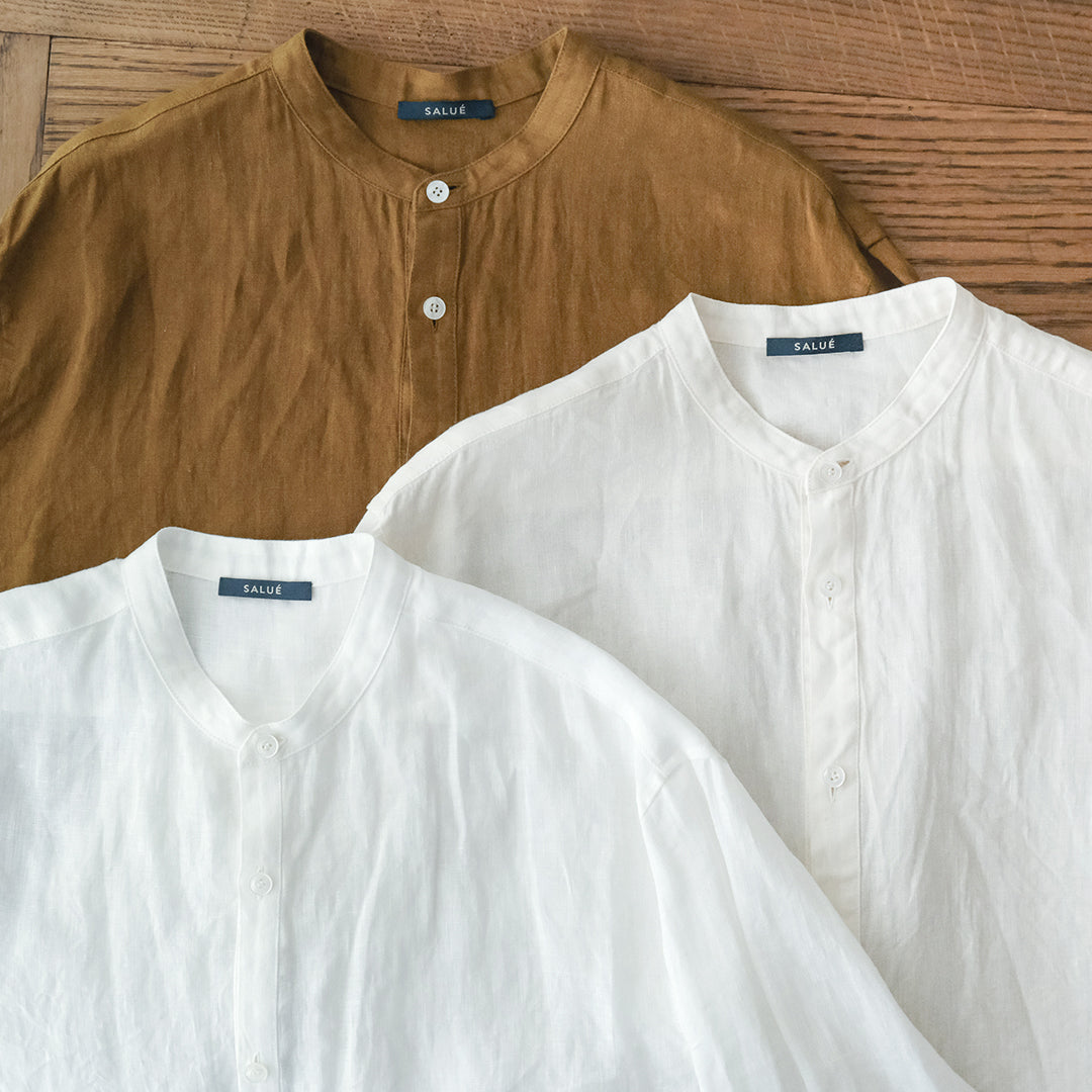 SALUÉ／ユニセックスバンドカラーシャツ／ライトウェイトリネン