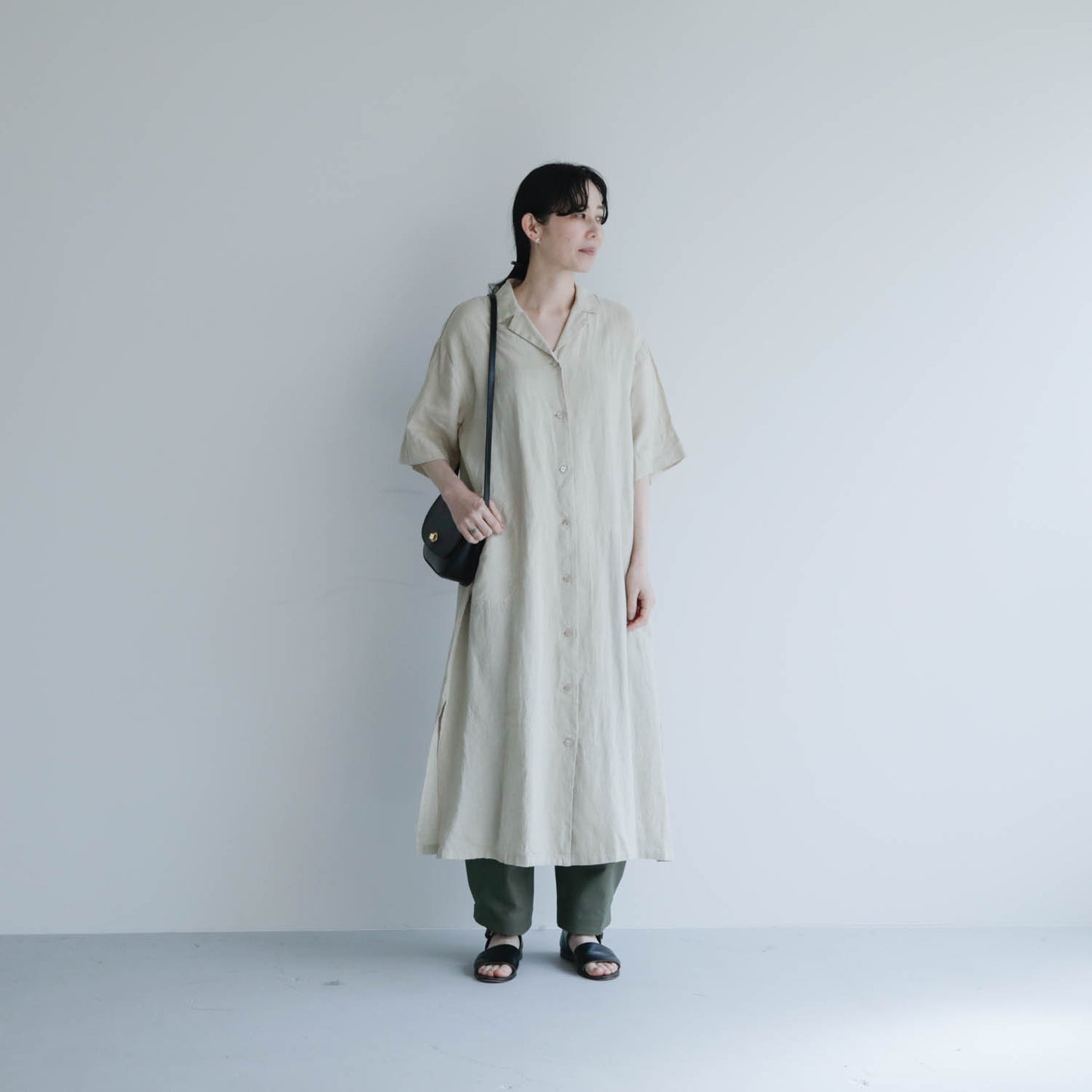SALUÉ／ハーフスリーブオープンカラーシャツドレス