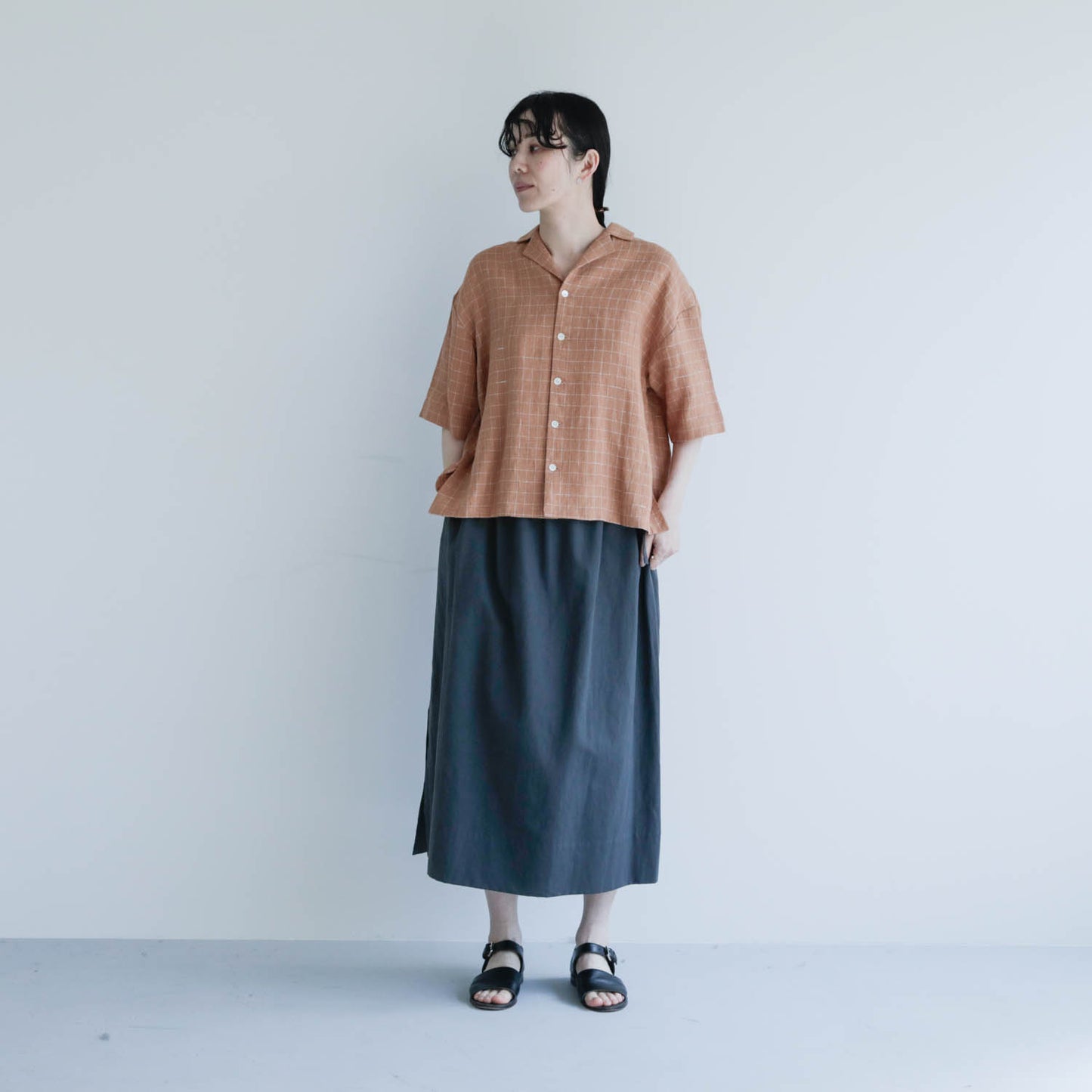 SALUÉ／ハーフスリーブオープンカラーシャツ／ミッドウェイトリネン　