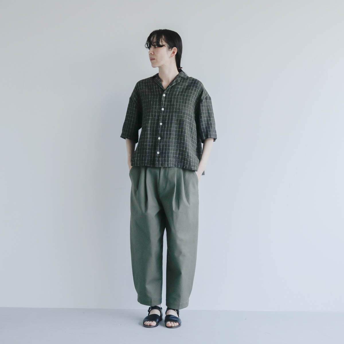 SALUÉ／ハーフスリーブオープンカラーシャツ／ミッドウェイトリネン　