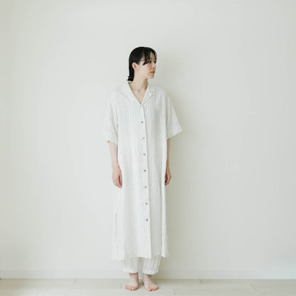 SALUÉ／ハーフスリーブオープンカラーシャツドレス／ミッドウェイトリネン