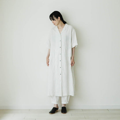 SALUÉ／ハーフスリーブオープンカラーシャツドレス／ミッドウェイトリネン