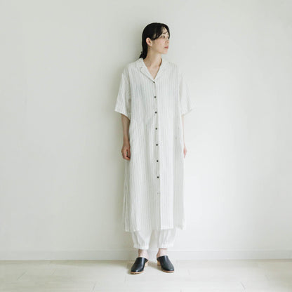 SALUÉ／ハーフスリーブオープンカラーシャツドレス／ミッドウェイトリネン