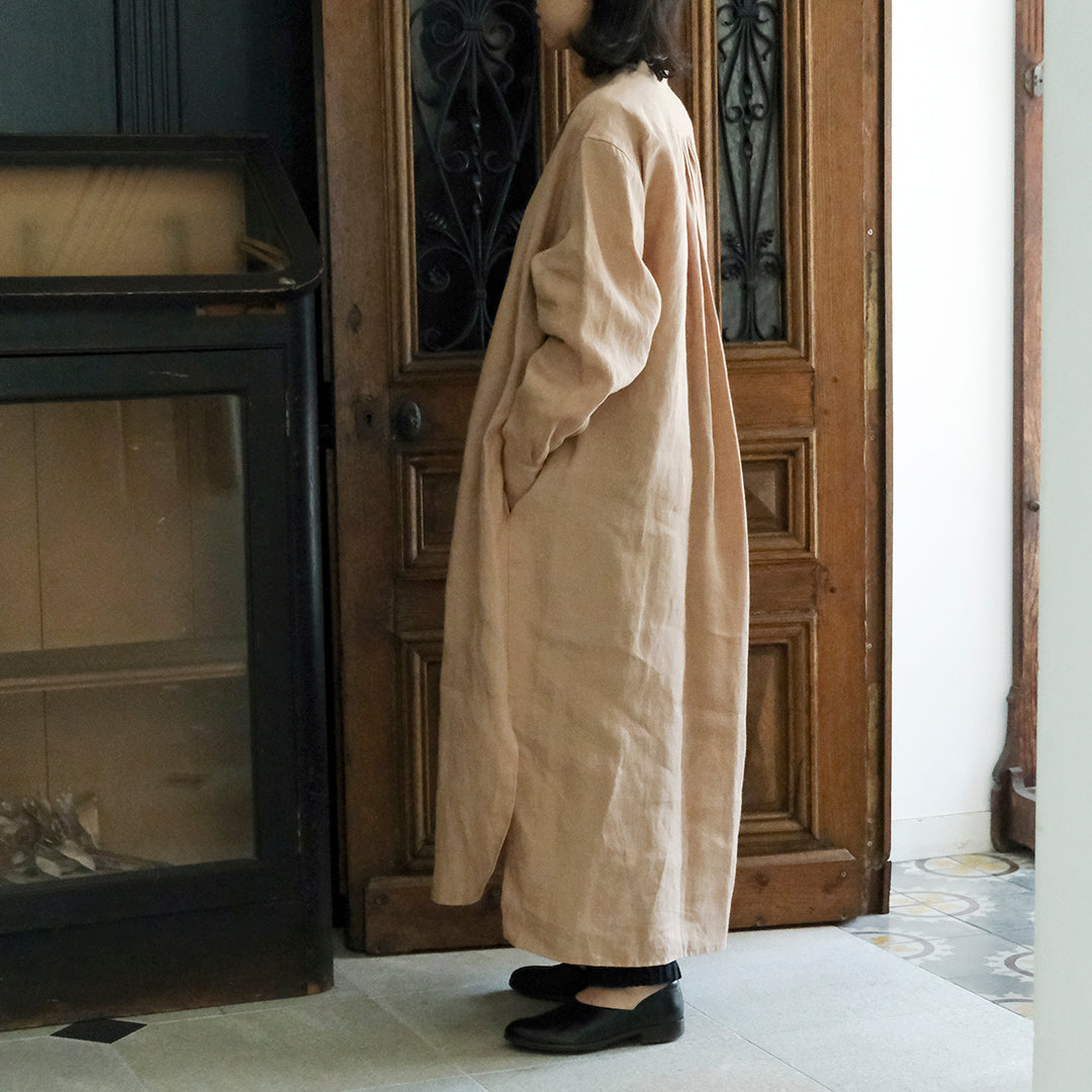 ［SALUÉ］バンドカラー長袖シャツドレス／ミッドウェイトリネン