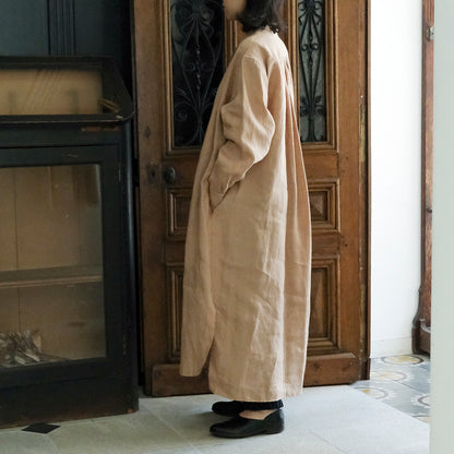 ［SALUÉ］バンドカラー長袖シャツドレス／ミッドウェイトリネン