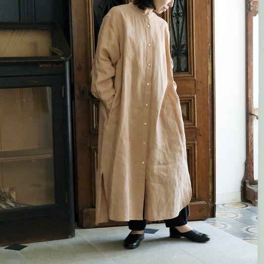 ［SALUÉ］バンドカラー長袖シャツドレス／ミッドウェイトリネン