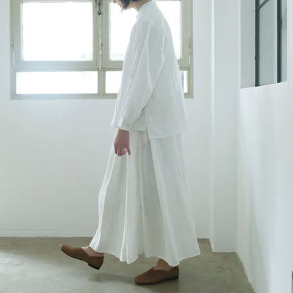 ［SALUÉ］バンドカラーギャザーシャツ／ライトウェイトリネン