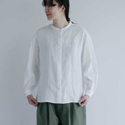 SALUÉ／バンドカラーギャザーシャツ／ライトウェイトリネン