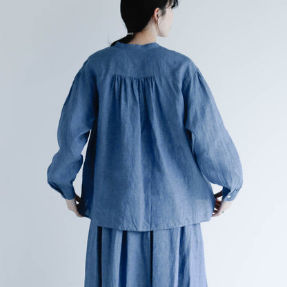SALUÉ／バンドカラーギャザーシャツ／ライトウェイトリネン