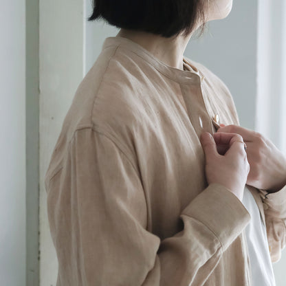 ［SALUÉ］バンドカラー長袖シャツドレス／ミッドウェイトリネン