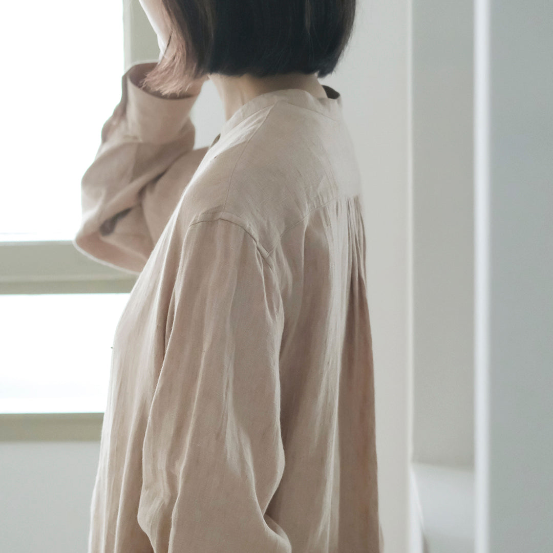 ［SALUÉ］バンドカラー長袖シャツドレス／ミッドウェイトリネン