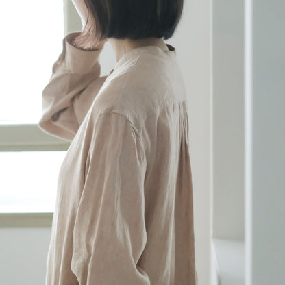 ［SALUÉ］バンドカラー長袖シャツドレス／ミッドウェイトリネン