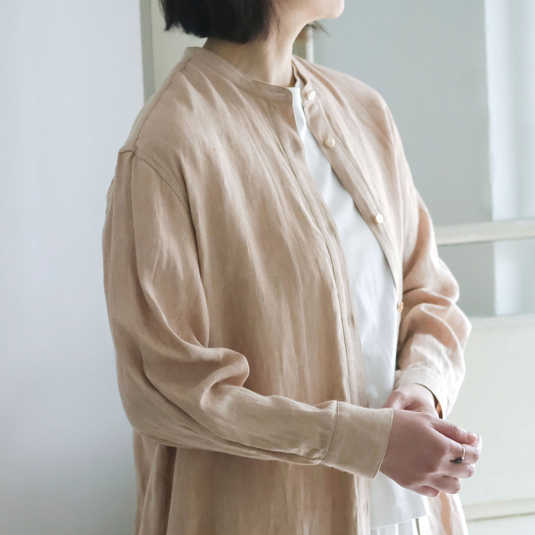 ［SALUÉ］バンドカラー長袖シャツドレス／ミッドウェイトリネン