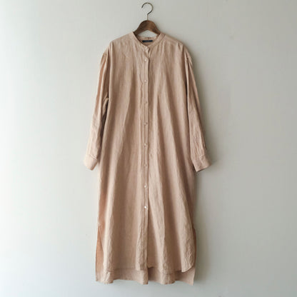 ［SALUÉ］バンドカラー長袖シャツドレス／ミッドウェイトリネン