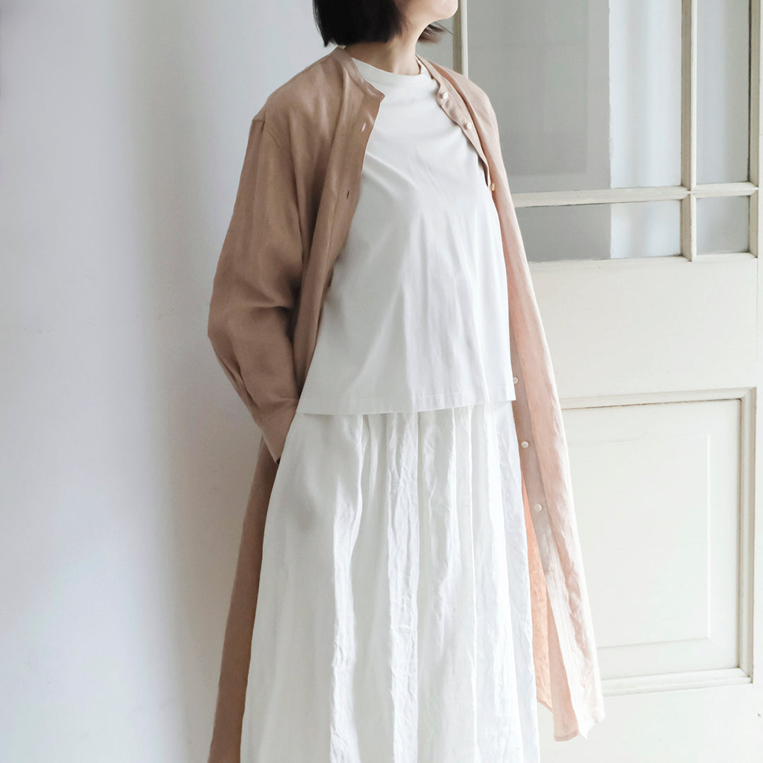 ［SALUÉ］バンドカラー長袖シャツドレス／ミッドウェイトリネン