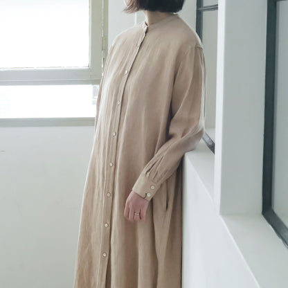 ［SALUÉ］バンドカラー長袖シャツドレス／ミッドウェイトリネン