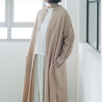 ［SALUÉ］バンドカラー長袖シャツドレス／ミッドウェイトリネン