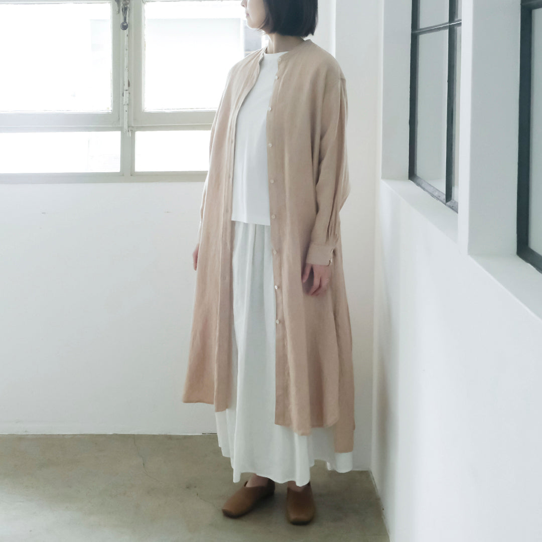 ［SALUÉ］バンドカラー長袖シャツドレス／ミッドウェイトリネン