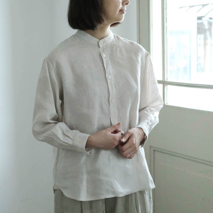 ［SALUÉ］バンドカラーハーフボタンシャツ／ライトウェイトリネン