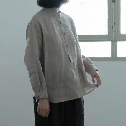［SALUÉ］バンドカラーハーフボタンシャツ／ライトウェイトリネン