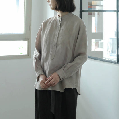 ［SALUÉ］バンドカラーハーフボタンシャツ／ライトウェイトリネン