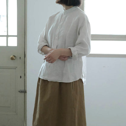 ［SALUÉ］バンドカラーハーフボタンシャツ／ライトウェイトリネン