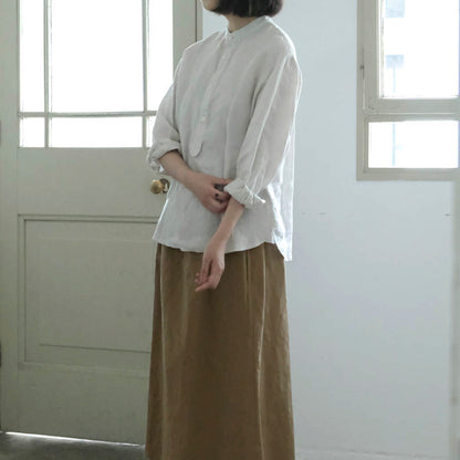 ［SALUÉ］バンドカラーハーフボタンシャツ／ライトウェイトリネン