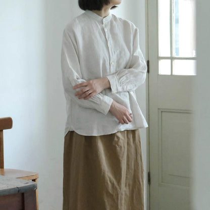 ［SALUÉ］バンドカラーハーフボタンシャツ／ライトウェイトリネン