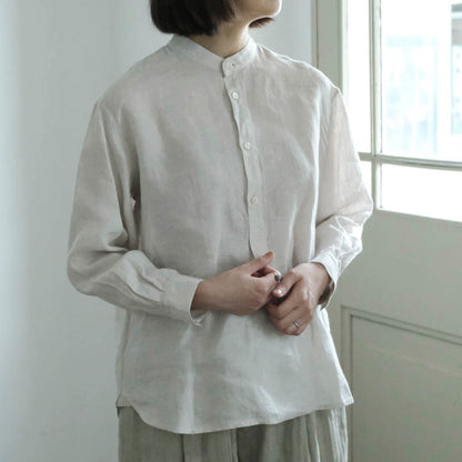 ［SALUÉ］バンドカラーハーフボタンシャツ／ライトウェイトリネン