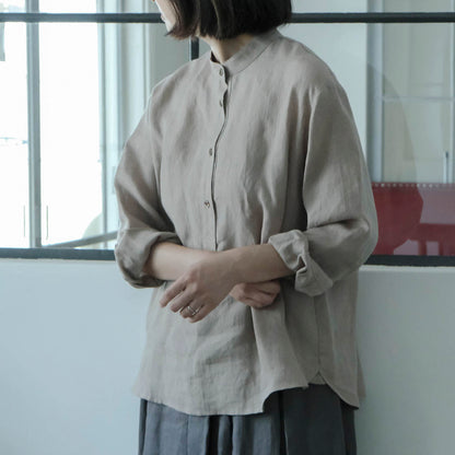 ［SALUÉ］バンドカラーハーフボタンシャツ／ライトウェイトリネン