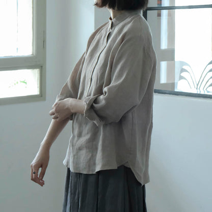 ［SALUÉ］バンドカラーハーフボタンシャツ／ライトウェイトリネン