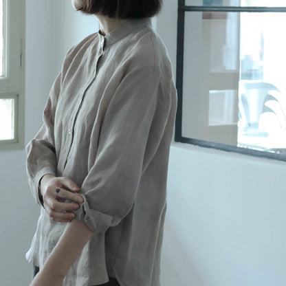 ［SALUÉ］バンドカラーハーフボタンシャツ／ライトウェイトリネン