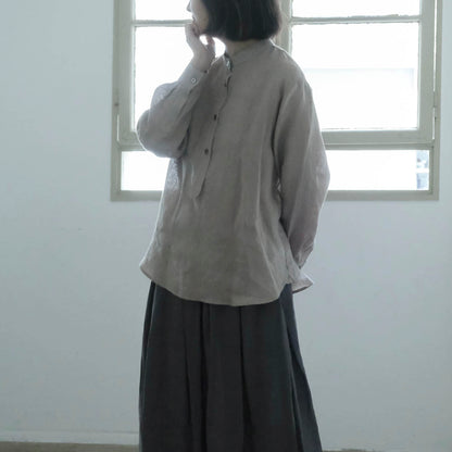 ［SALUÉ］バンドカラーハーフボタンシャツ／ライトウェイトリネン