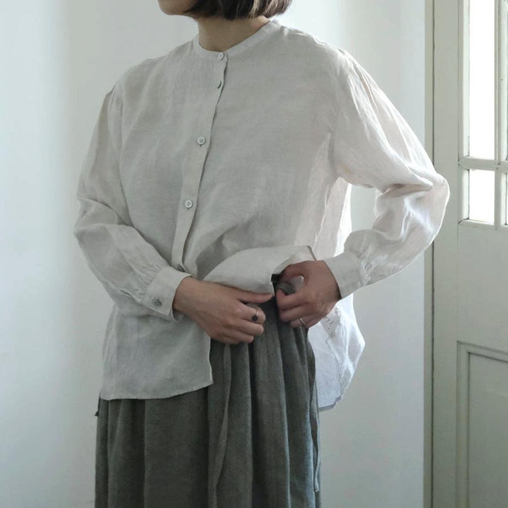 ［SALUÉ］バンドカラーギャザーシャツ／ライトウェイトリネン