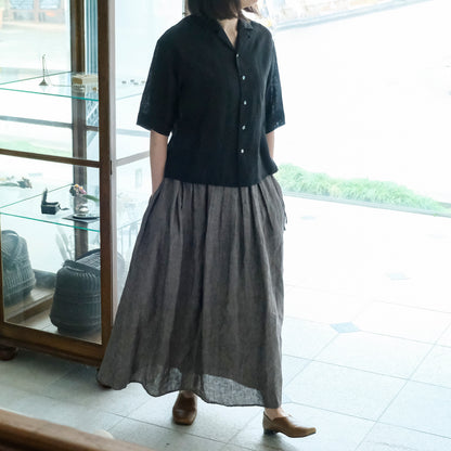 SALUÉ／リトアニアンリネンタックギャザースカート／メランジェダークブラウン