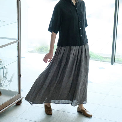SALUÉ／リトアニアンリネンタックギャザースカート／メランジェダークブラウン